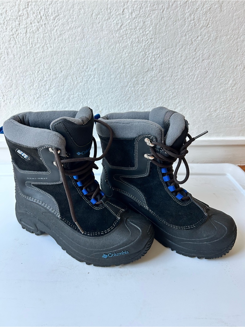 Columbia Omni-Heat Bugaboot Snow Boots Womens 5 Youth 5Y Black Blue Winter Wate